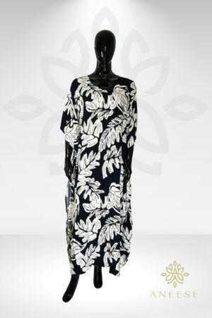 Farida Butterfly Kaftan – Black & White Leaf Print
