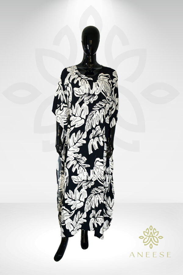 Farida Butterfly Kaftan – Black & White Leaf Print