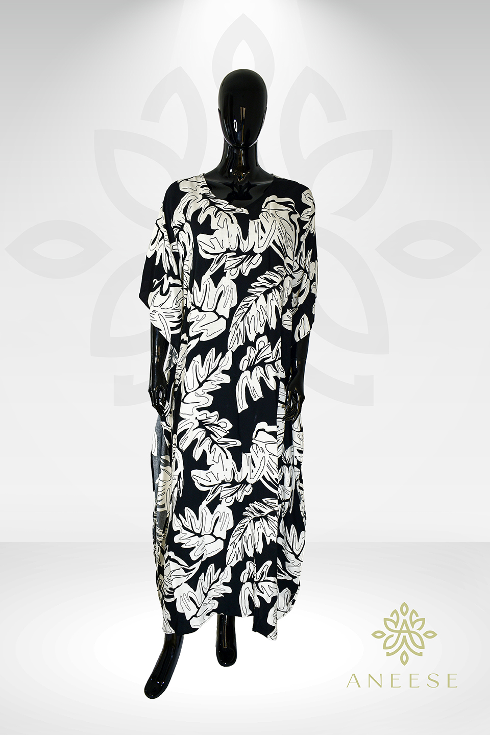Farida Butterfly Kaftan – Black & White Leaf Print