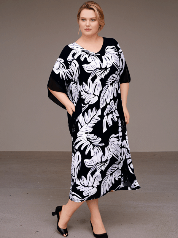 Farida Butterfly Kaftan – Black & White Leaf Print - Image 2