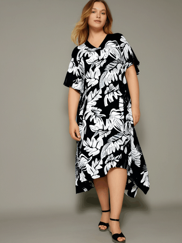 Farida Butterfly Kaftan – Black & White Leaf Print - Image 3