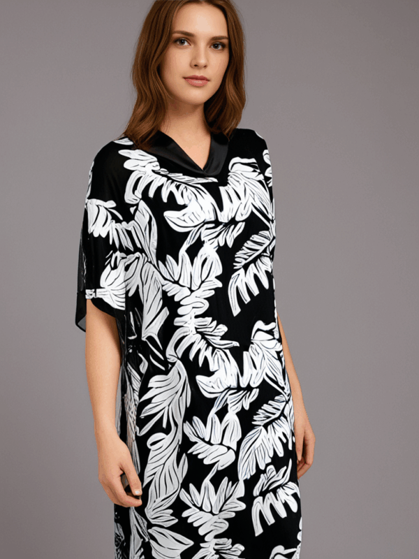 Farida Butterfly Kaftan – Black & White Leaf Print - Image 4