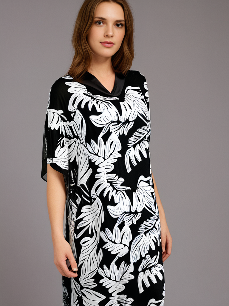 Farida Butterfly Kaftan – Black & White Leaf Print - Image 4