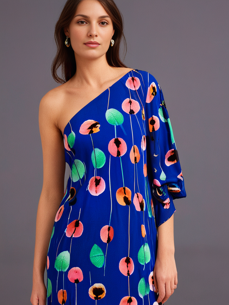 Celine One-Shoulder Kaftan – Blue Print - Image 2