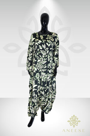 Aria Chic Satin Jumpsuit Kaftan – Black Floral