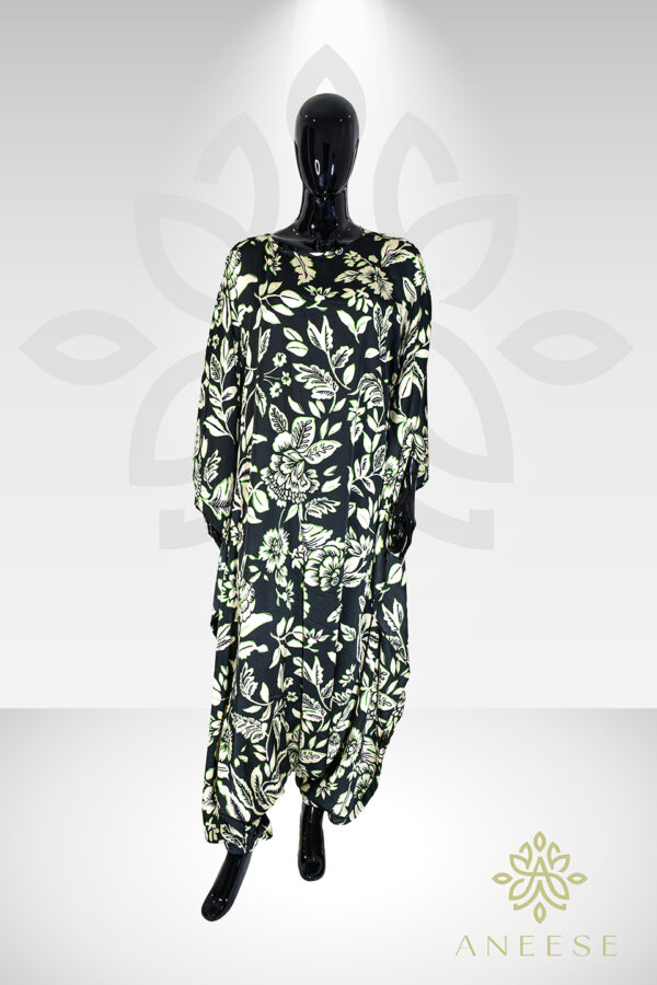 Aria Chic Satin Jumpsuit Kaftan – Black Floral