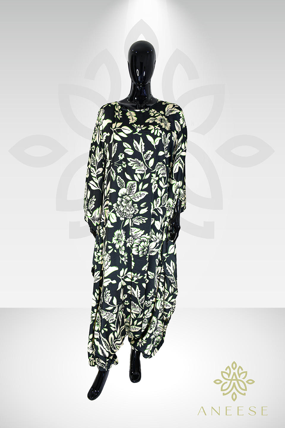 Aria Chic Satin Jumpsuit Kaftan – Black Floral