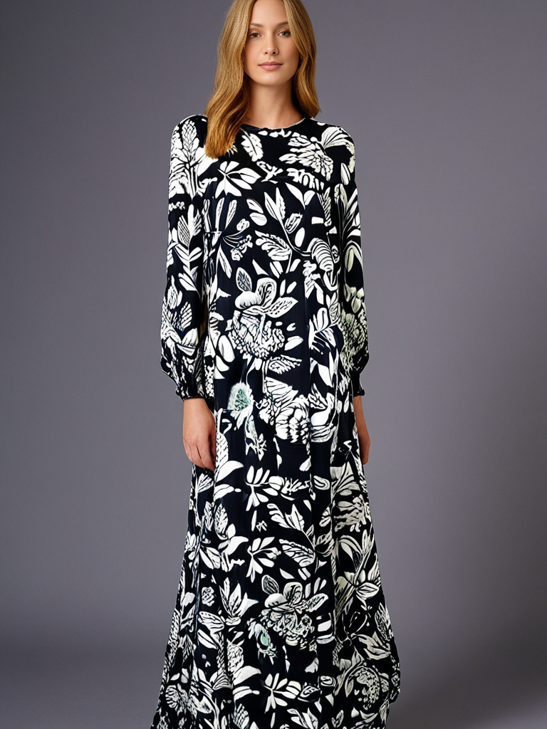 Aria Chic Satin Jumpsuit Kaftan – Black Floral - Image 2