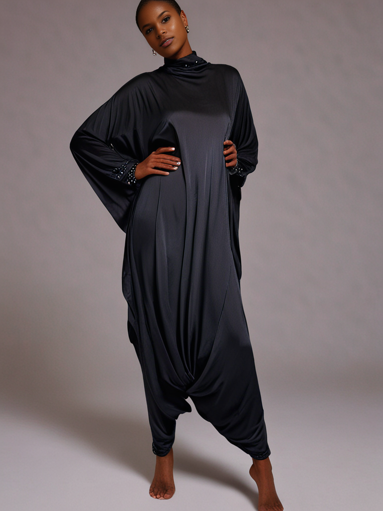 Loose-fitting jumpsuit Aria Chic Satin Jumpsuit Kaftan – Classic Black - Image 5