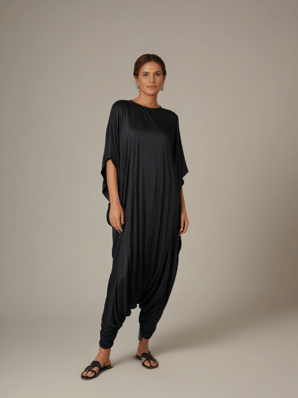 Aria Chic Satin Jumpsuit Kaftan – Plain Black - Image 2