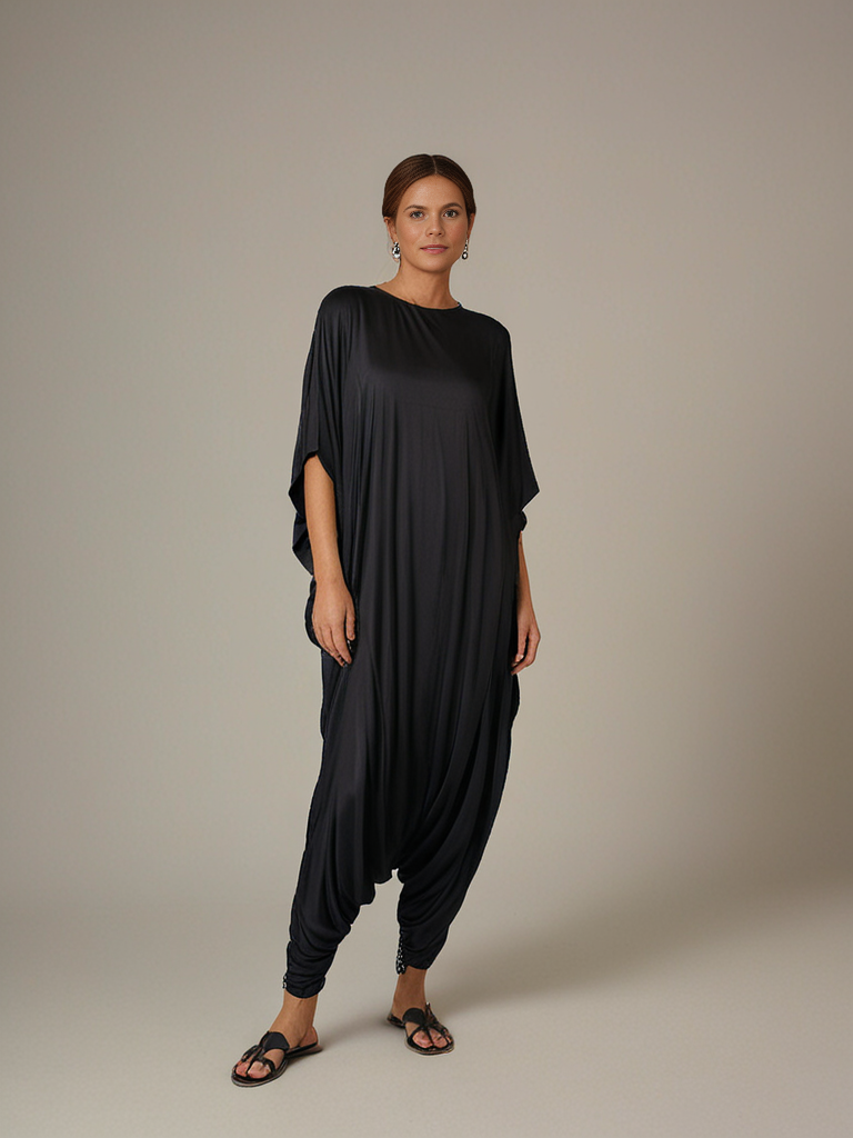 Aria Chic Satin Jumpsuit Kaftan – Plain Black - Image 2