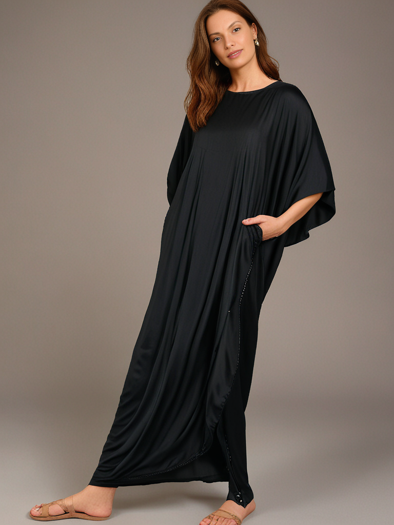 Aria Chic Satin Jumpsuit Kaftan – Plain Black - Image 3