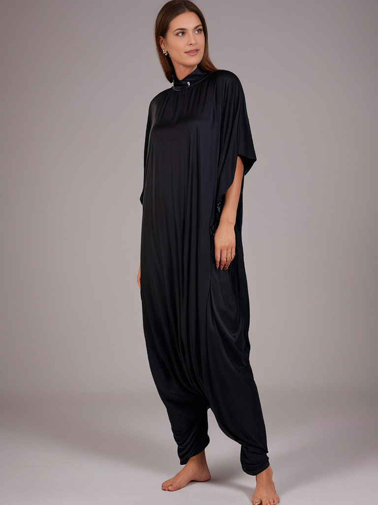 Aria Chic Satin Jumpsuit Kaftan – Plain Black - Image 4